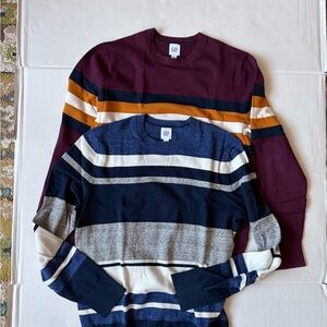 GAP Men's Crewneck Sweater - Burgundy, Navy, and Mustard Stripes